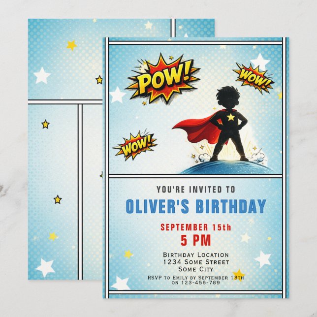 Invitation Superhero Boy Birthday Party (Devant / Derrière)
