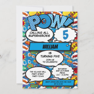 Invitation Superhero Boy Comic Book Anniversaire Party Blue