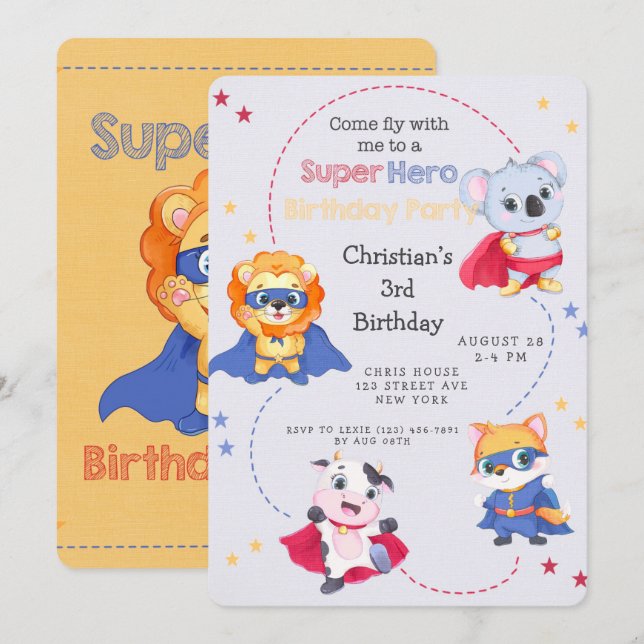 Invitation Superhero Cartoon Animaux Garçon fête d'anniversai (Devant / Derrière)