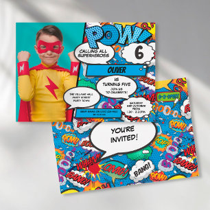 Invitation Superhero Comic Birthday Party Blue Photo Invitati