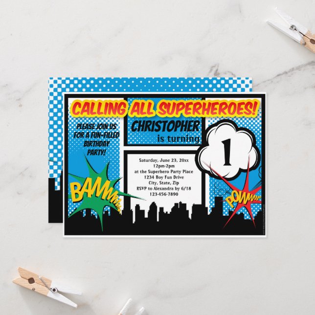 Invitation Superhero Comic Boy's 1st First Birthday Party (Devant/Arrière en situation)