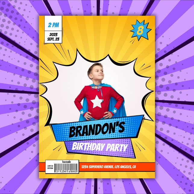 Invitation Superhero Comic Photo Bois Jaune Anniversaire (Superhero Comic Photo Yellow Boy Birthday Invitation Template)