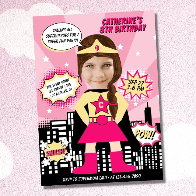 Invitation Superhero Comic Style de livre Girl Birthday Photo (Créateur téléchargé)