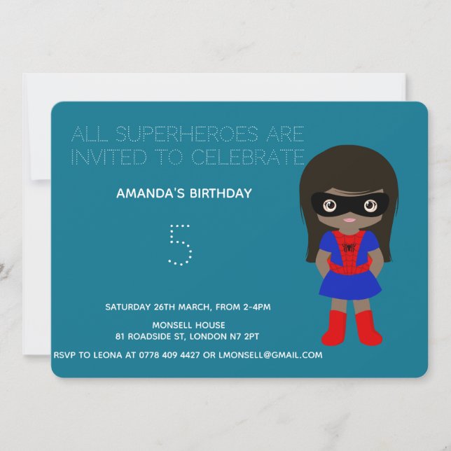 Invitation Superhero Enfants Filles Anniversaire Fête Invitat (Devant)