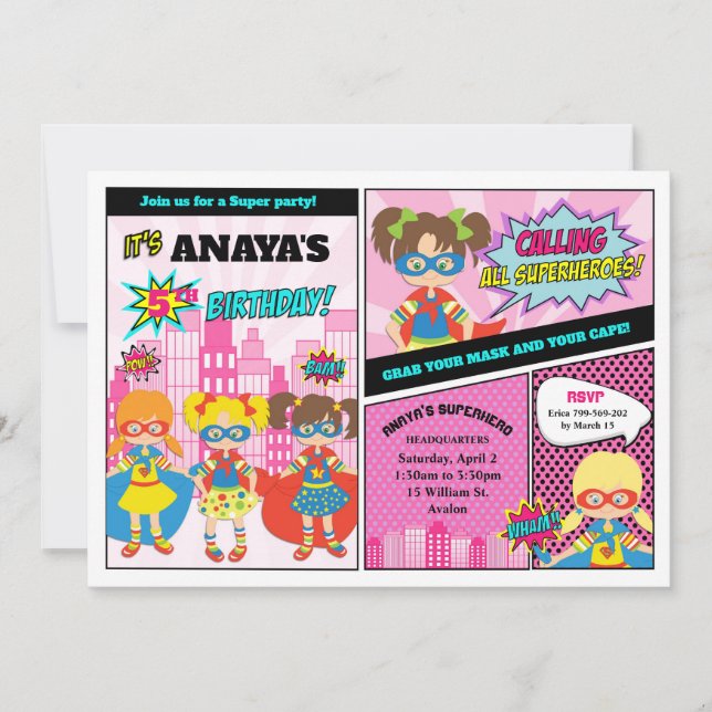 Invitation Superhero Girl Birthday Girl Power Super Hero (Devant)