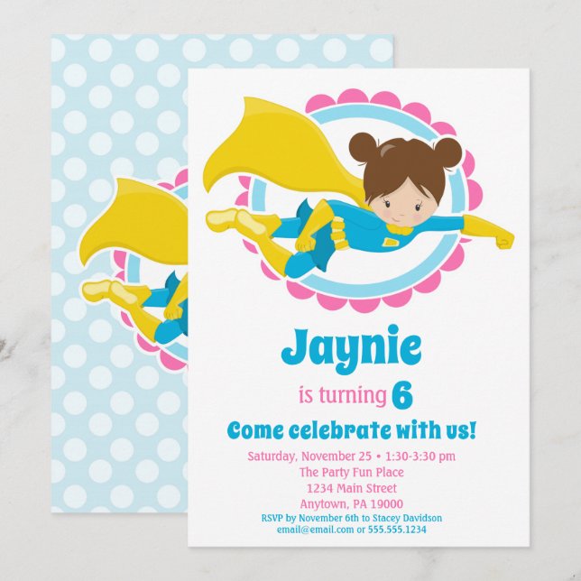 Invitation Superhero Girl - Brunette fête d'anniversaire (Devant / Derrière)