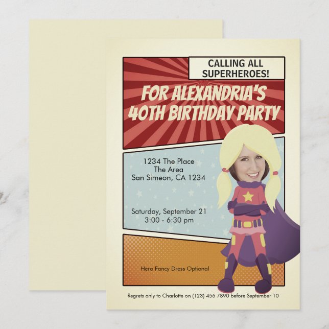 Invitation Superhero Old Comic Birthday Party (blond) (Devant / Derrière)