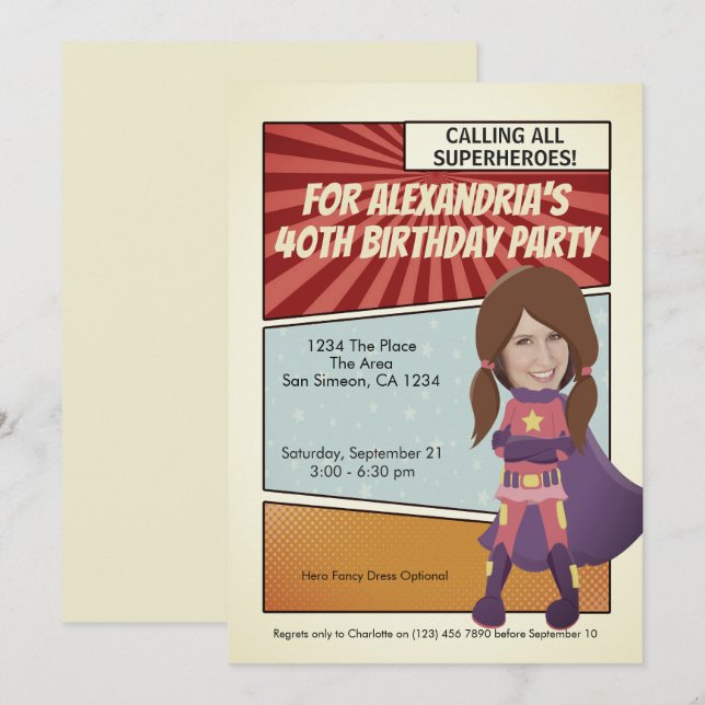 Invitation Superhero Old Comic Birthday Party (brunette) (Devant / Derrière)