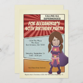 Invitation Superhero Old Comic Birthday Party (brunette)