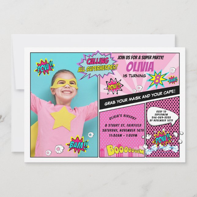Invitation Superhero Party Super Hero Photo Girl Anniversaire (Devant)