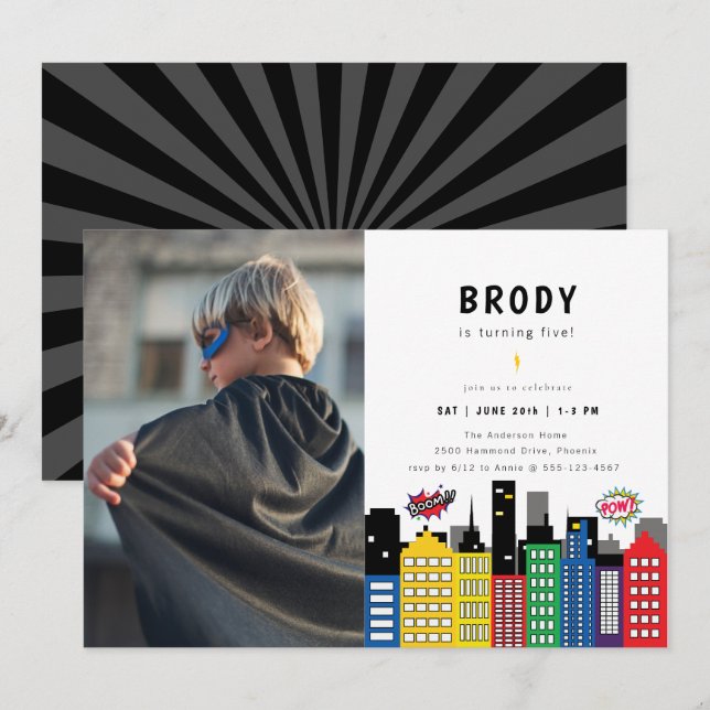 Invitation Superhero Thème Anniversaire Photo (Devant / Derrière)