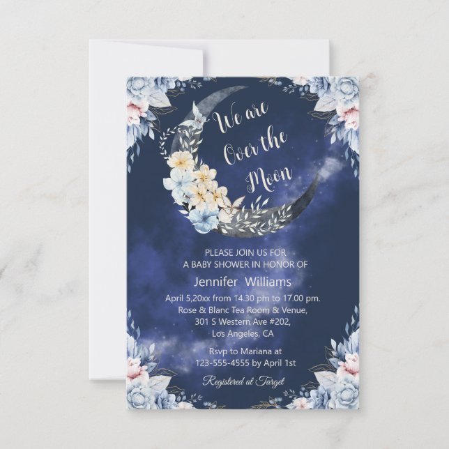 Invitation sur la lune baby shower botanique de la marine (Devant)