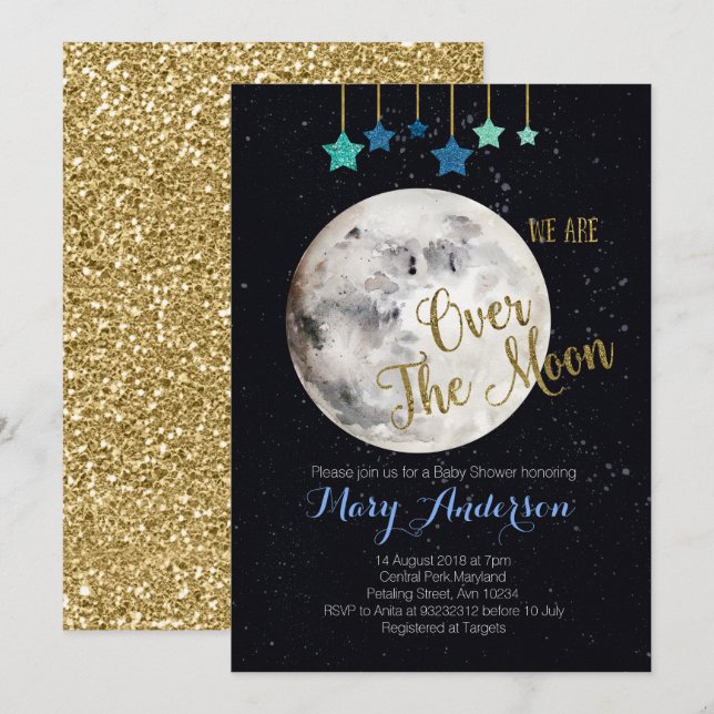 Invitation sur le Baby shower de la Lune (Devant / Derrière)
