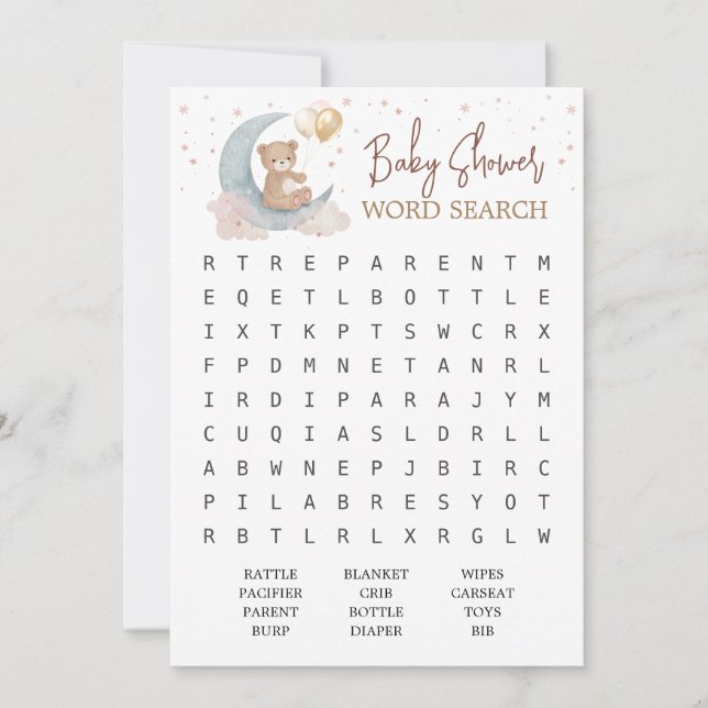 Invitation Sur le Baby shower de la Lune Recherche de mot Car (Devant)