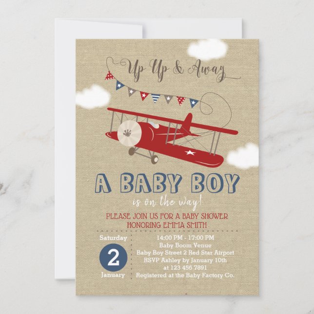 Invitation sur le Baby shower de l'avion rouge vin (Devant)
