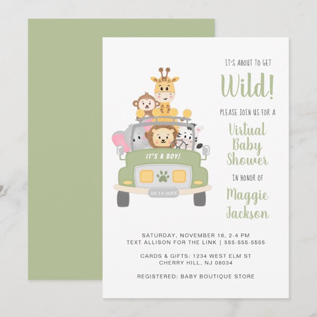 Invitation Sur le point d'obtenir Wild Safari Baby shower vir (Devant / Derrière)