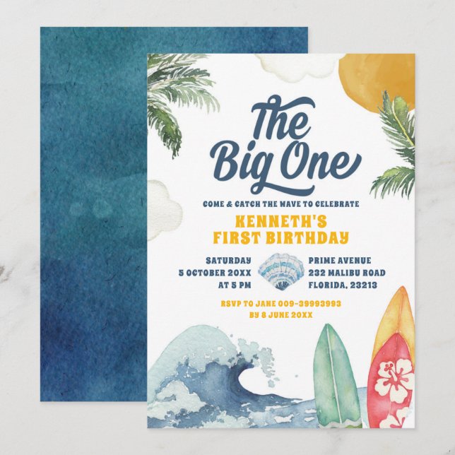 Invitation Surf Beach Summer Big One First Birthday Invitatia (Devant / Derrière)