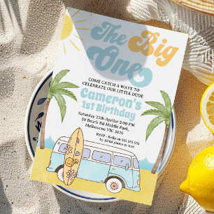 Invitation Surf bleu jaune rétro Big One 1er anniversaire