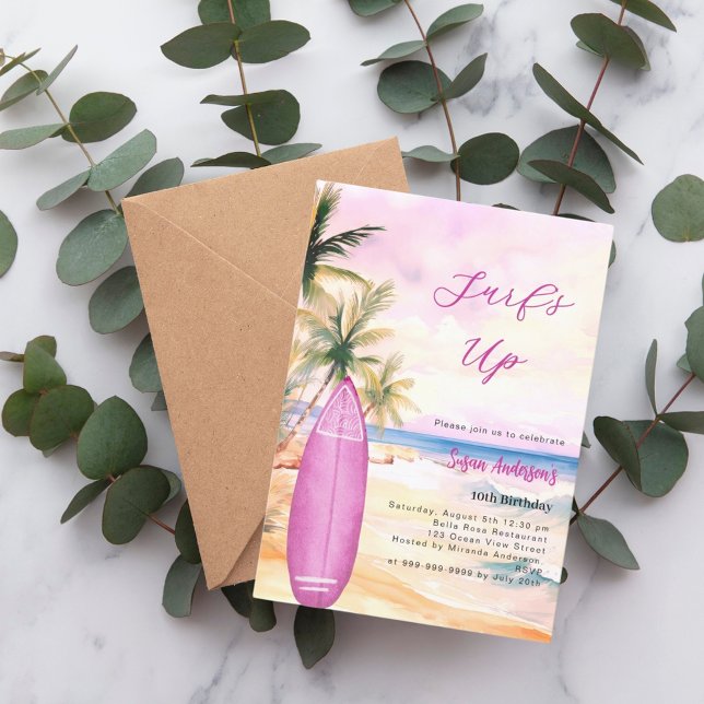 Invitation Surf plage surf de plage rose fille fête d'anniver (Créateur téléchargé)