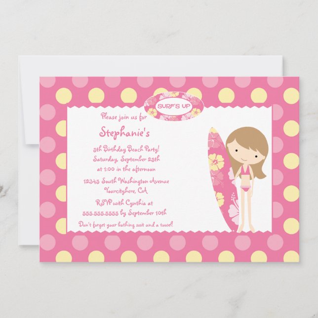 Invitation Surf rose vers le haut d'invitation de fête (Devant)
