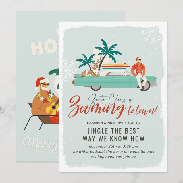 Invitation Surf Santa Claus | Fête de Noël virtuelle (Devant / Derrière)