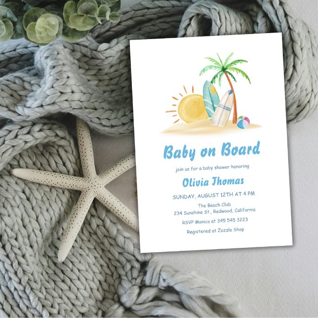 Invitation Surf Sunshine Beach Palm Tree Baby shower (Surfboards Sunshine Beach Palm Tree Baby Shower Invitation)