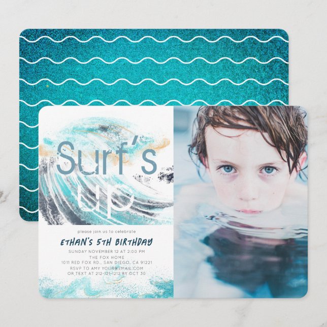 Invitation Surf Up Blue Wave Surfing Photo Anniversaire (Devant / Derrière)