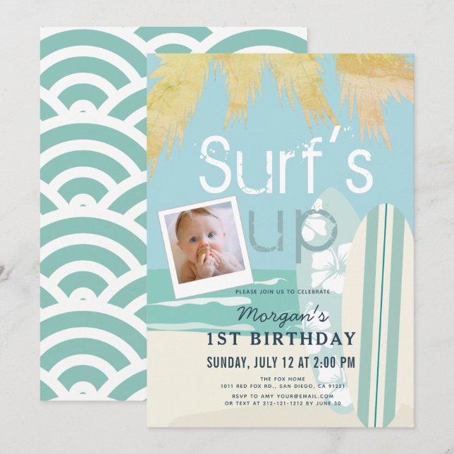 Invitation Surf Up Boy Surfboards Beach Photo 1er anniversair (Devant / Derrière)