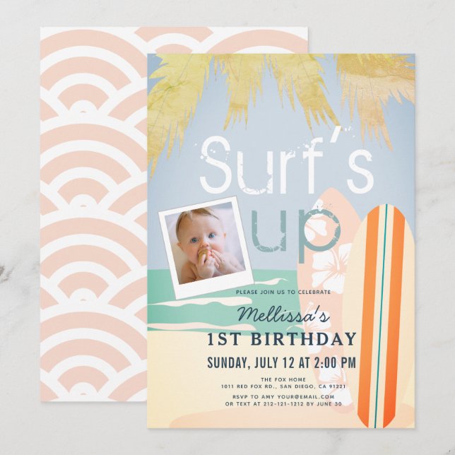 Invitation Surf Up Girl Surfboards Beach Photo1st Birthday (Devant / Derrière)