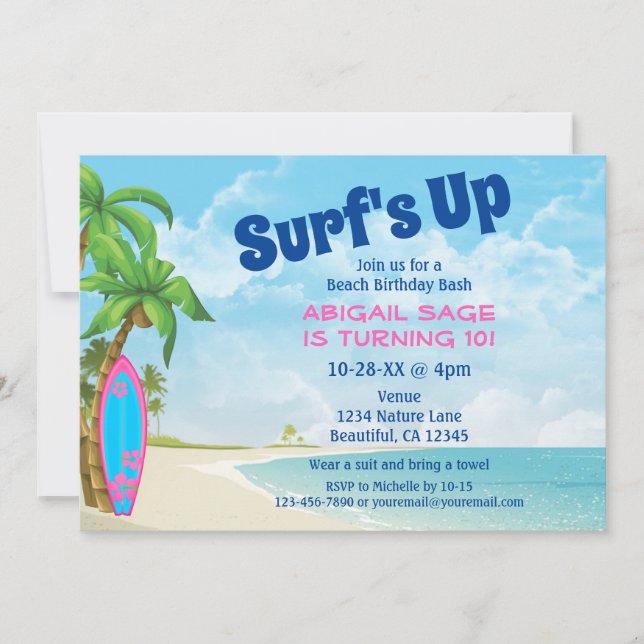 Invitation Surf Up Pink and Blue Surfboard Beach Anniversaire (Devant)
