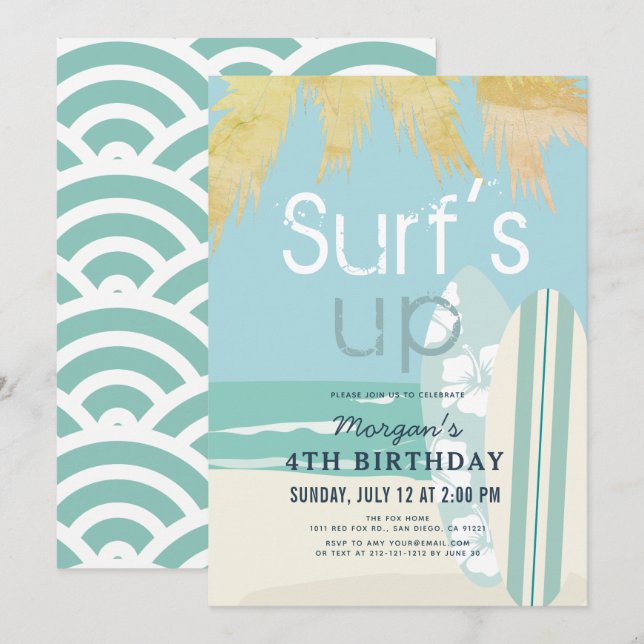 Invitation Surf Up Surfboards Beach Boy Anniversaire (Devant / Derrière)