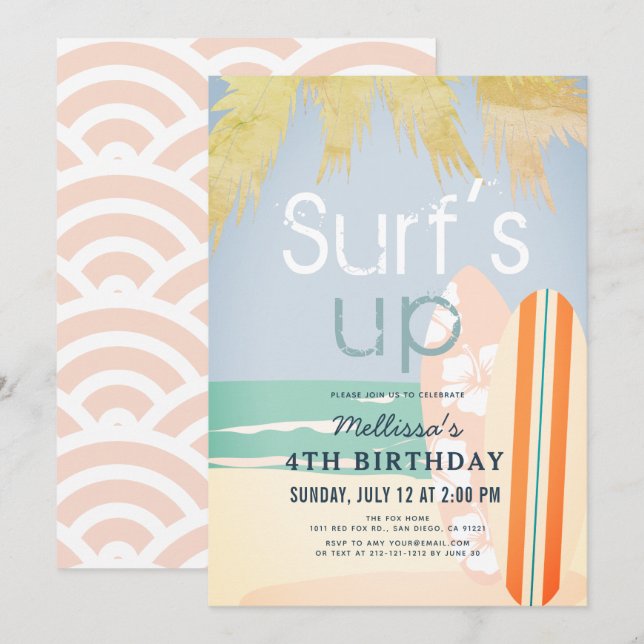 Invitation Surf Up Surfboards Beach Girl Anniversaire (Devant / Derrière)