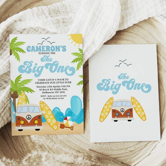 Invitation Surf Van Surfboards Wave The Big One 1st Birthday (Boy the big one surfing 1st birthday invitation with retro , wave, van and surfboard. Beach party.)