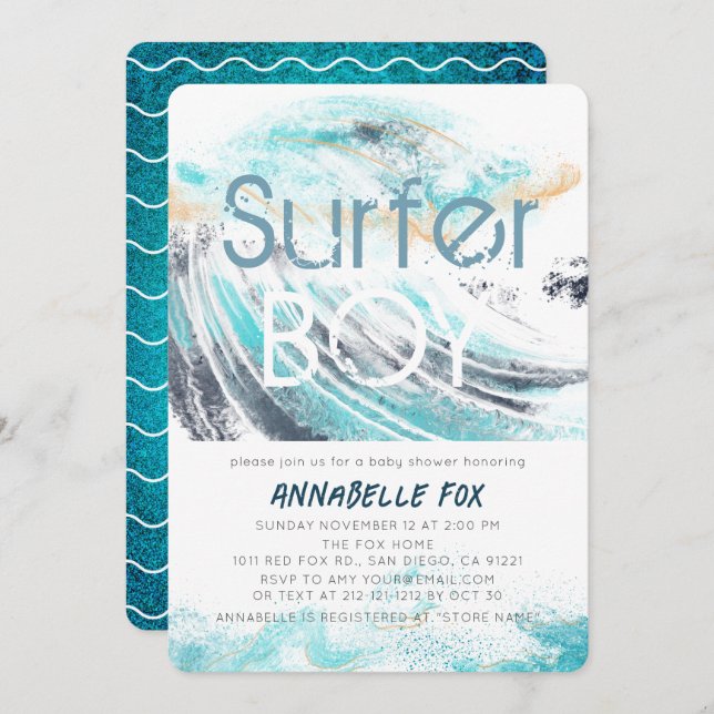 Invitation Surfer Boy Blue Wave Splash Baby shower de surf (Devant / Derrière)