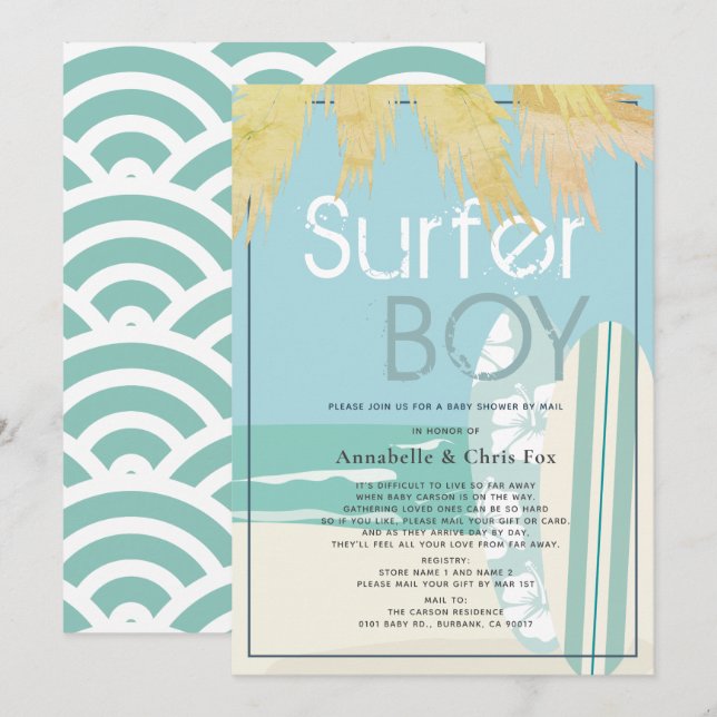 Invitation Surfer Boy Surfboards Baby shower de plage par cou (Devant / Derrière)