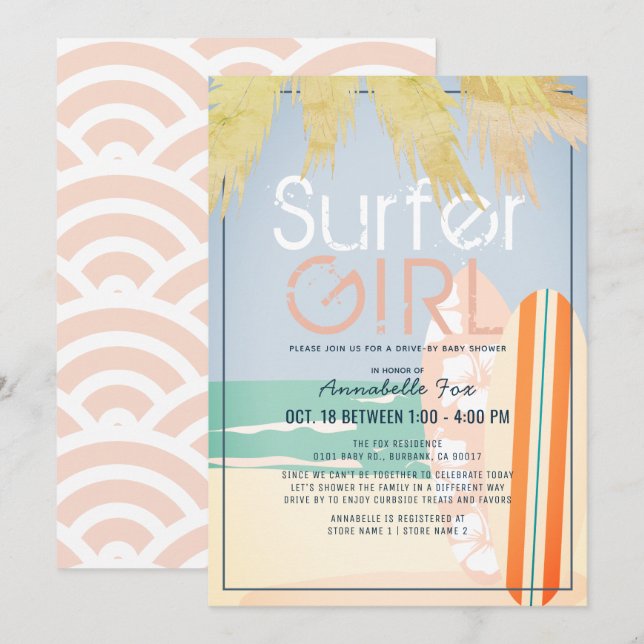 Invitation Surfer Girl Surfboards Beach Baby shower Drive-by (Devant / Derrière)