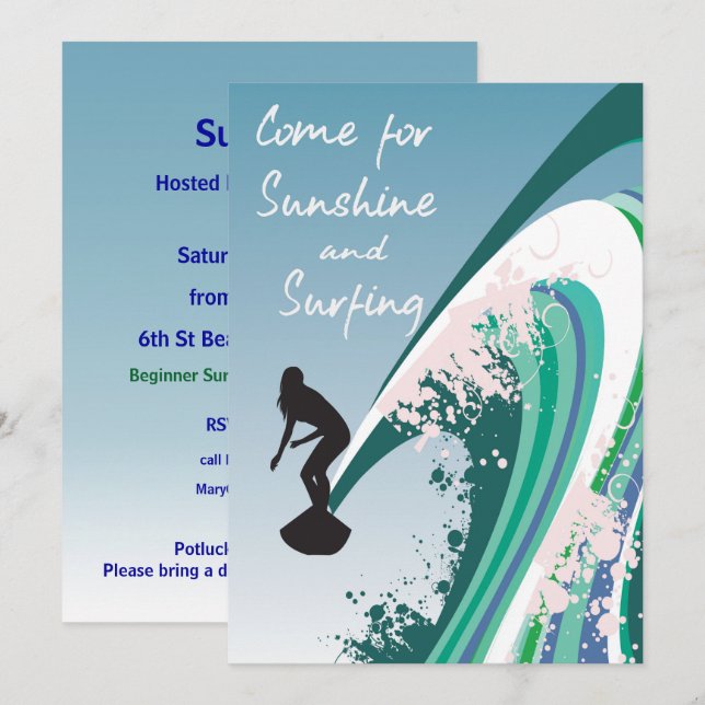 Invitation Surfer graphique sur le soleil de vague et la (Devant / Derrière)