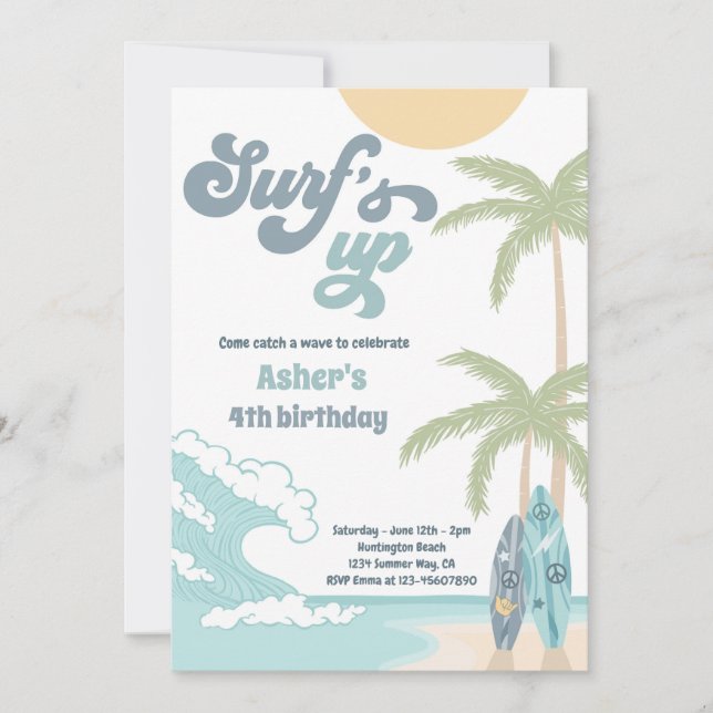 Invitation Surfs Up Retro Surf Beach fête d'anniversaire (Devant)