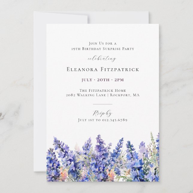 Invitation SURPISE FÊTE 19e anniversaire Bleu juillet Fleur d (Devant)