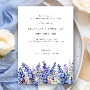 Invitation SURPISE FÊTE 40e anniversaire Bleu juillet Fleur d