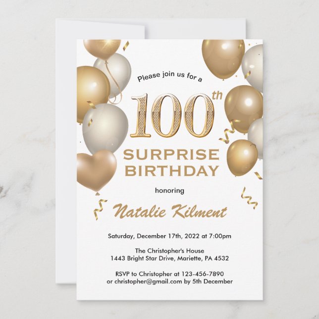 Invitation Surprise 100e anniversaire Ballons blanc et or (Devant)