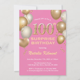 Invitation Surprise 100e anniversaire Ballons rose et or
