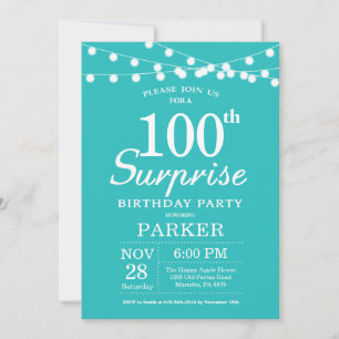 Invitation Surprise 100e Anniversaire Bleu Vert Turquoise