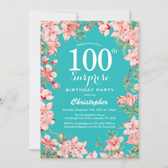 Invitation Surprise 100e anniversaire Fleurs florales roses T (Devant)