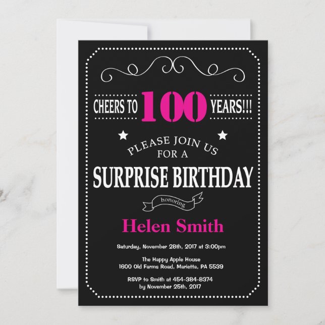 Invitation Surprise 100e anniversaire Hot rose et noir (Devant)
