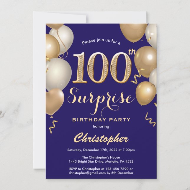 Invitation Surprise 100e Anniversaire Marine Blu and Gold Bal (Devant)