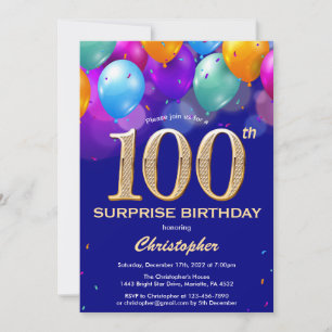Invitation Surprise 100e anniversaire Marine Blue Gold Ballon