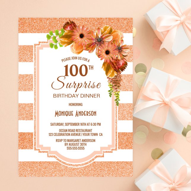 Invitation Surprise 100e anniversaire Orange Floral Party (Créateur téléchargé)