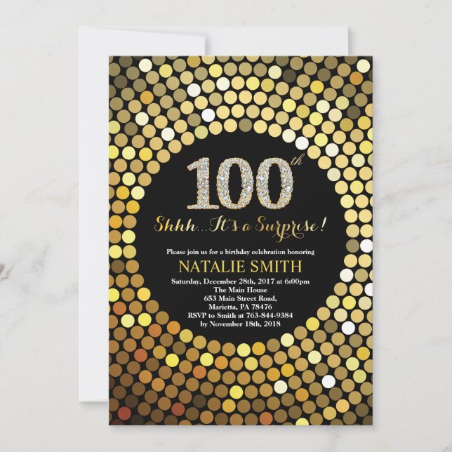Invitation Surprise 100e anniversaire Parties scintillant noi (Devant)