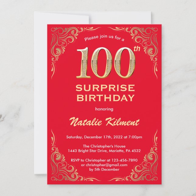 Invitation Surprise 100e anniversaire Parties scintillant rou (Devant)